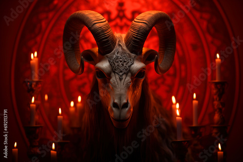 Esoteric goat-headed figure in a candlelit occult setting