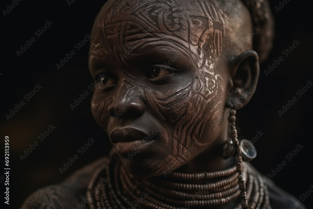 Contemplative Tribal Man with Scarification. Generative AI Contemplative Tribal Man with Scarification. Generative AI