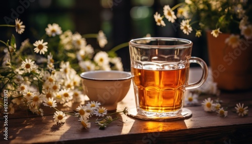 hot tea on a table beside chamomile flowers and leaves