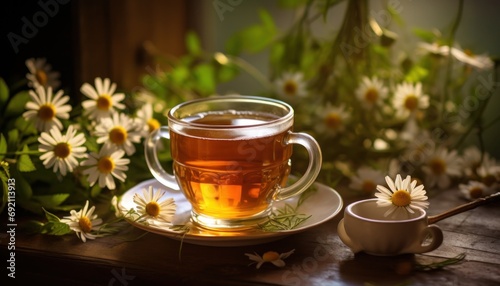 hot tea on a table beside chamomile flowers and leaves