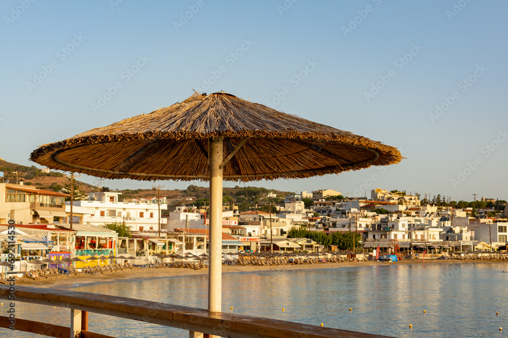 Agia Pelagia, Crete, Greece - September 23rd 2023 - Early morning on the beach in the tourist resort of Agia Pelagia.
