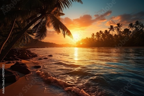 A stunning tropical beach sunset with palm trees creating a serene backdrop of natural beauty.