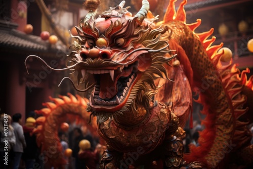 Chinese dragon as a character for the dragon dance at the Chinese New Year festival. Generative ai image photo