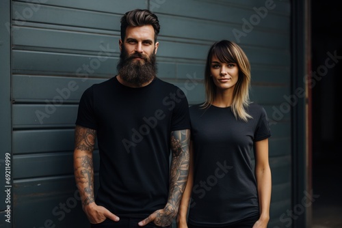 one man and one woman who have facial beards standing outside with a white tshirt