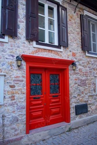 old red window with shutters