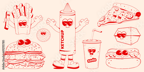 Set of fast food characters in retro linear style. Hamburger, pizza, soda, hod dog, fries. Doodle illustration in retro cartoon style.