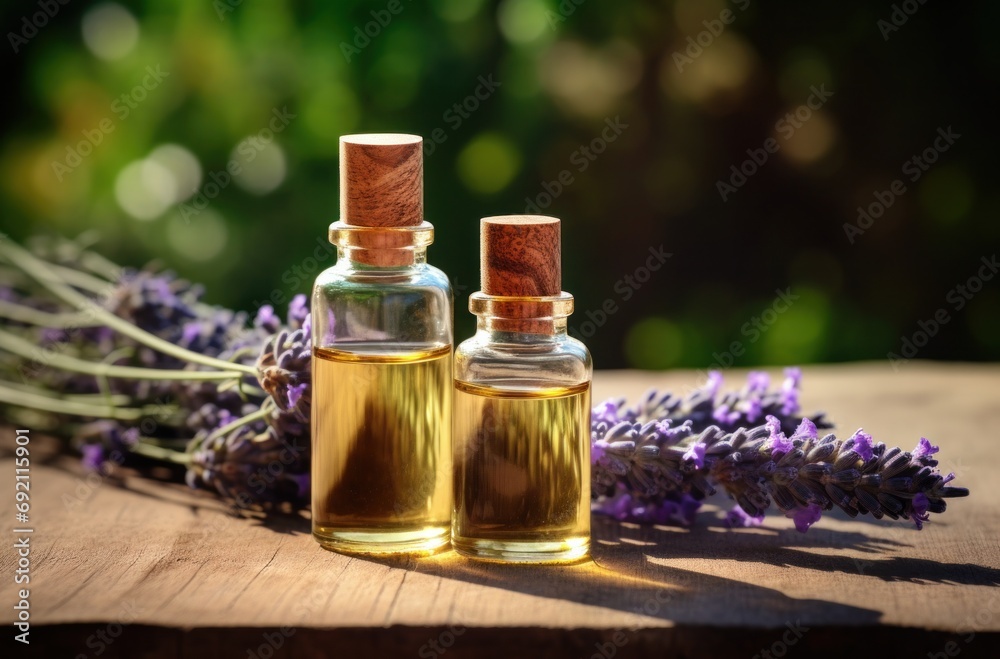 two bottles of essential lavender oil sitting on a wooden surface, tranquil gardenscapes two bottles of essential lavender oil sitting on a wooden surface, tranquil gardenscapes