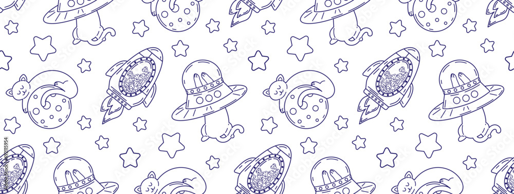 Seamless pattern with cats in space in linear style. Children's styling for fabric, wrapping paper, T-shirt print. Seamless pattern with cats in space in linear style. Children's styling for fabric, wrapping paper, T-shirt print.