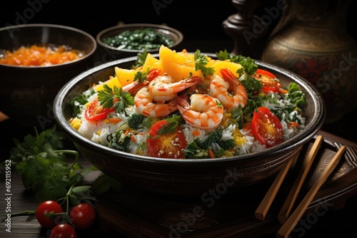 tropical delicious food with floral decoration on the table, Thai tropical shrimp salad in bowl
