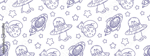 Seamless pattern with cats in space in linear style. Children's styling for fabric, wrapping paper, T-shirt print.
