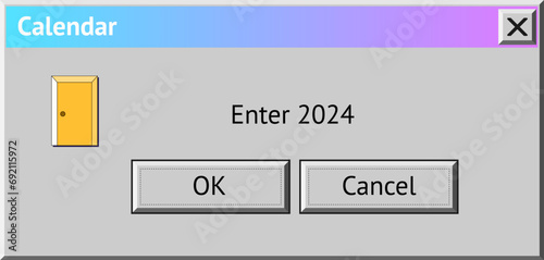 2024 New Year themed dialogue box with door to enter 2024. Abstract vaporwave, y2k aesthetics window with 90s style system message