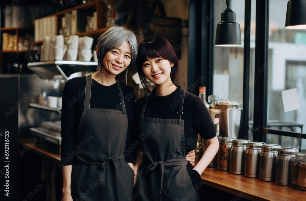 two women standing in front of a cafe