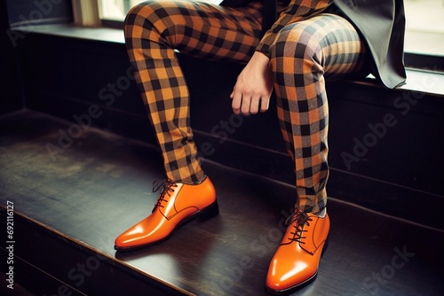 Fashionable male legs in bright new orange shoes and checkered pants sitting on the stairs. © Oleh
