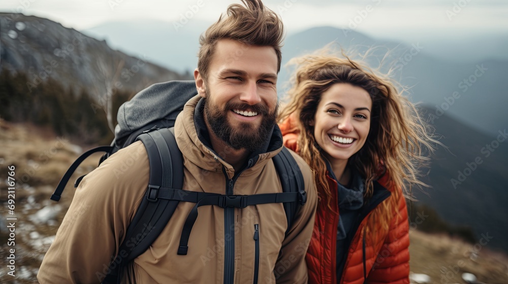 Happy couple hiking in a beautiful mountain landscape. Happy couple hiking in a beautiful mountain landscape.