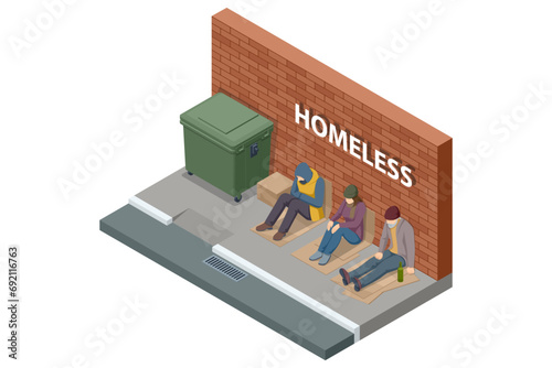 Isometric Homeless needing help, begging money man and woman, bum. A homeless man sits on the asphalt leaning against the wall and asks for help. Hungry and poor.