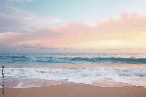 A serene ocean horizon at dusk with gentle waves lapping the shore.