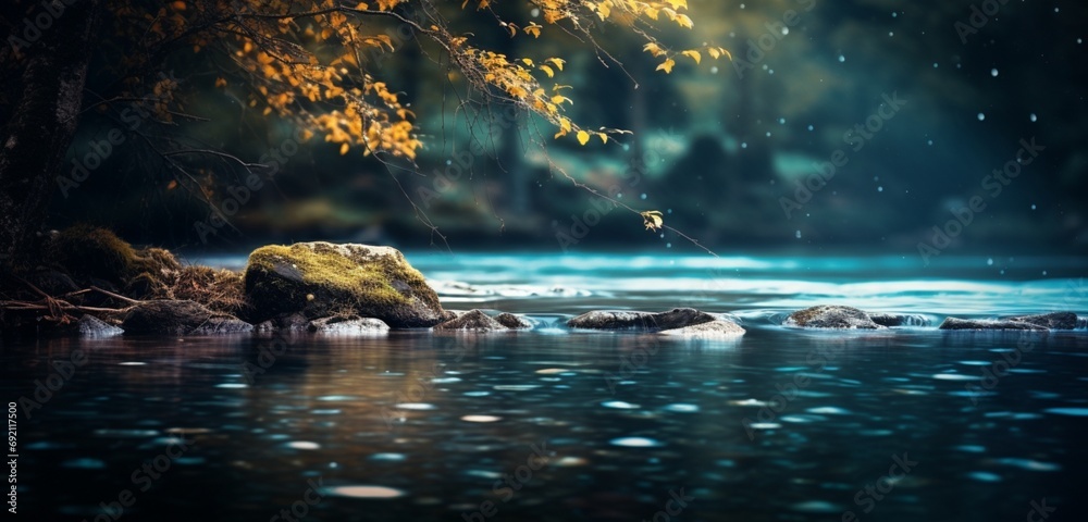 A serene river scene with a bokeh effect of the flowing water.