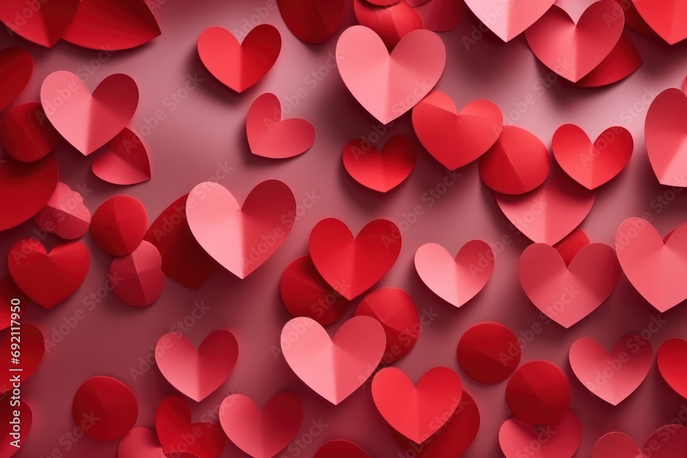Bright Hearts paper Valentines day art background wallpaper for Love gift package. Generative ai image
