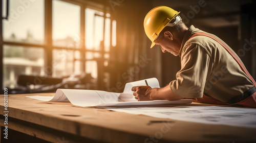 Construction worker wearing a working suit with helmet, holding a pen and looking at the papers with architectural site blueprint placed on the table. Home builder concept, foreman checking the plan photo