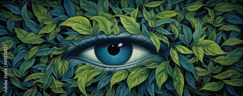 un œil ouvert sur un fond de feuilles vertes - illustration format panoramique photo