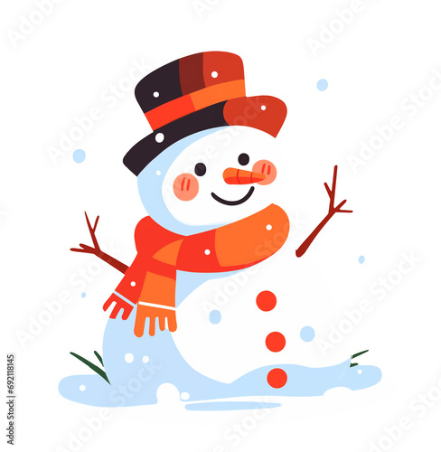 Funny cartoon snowman with a hat and red scarf. Isolated transparent background. Design for Christmas greeting cards and stationery  stickers  decals  calendars  banners and posters.