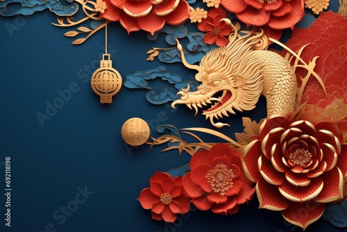 Happy chinese new year 2024 the dragon zodiac with flower, lantern, asian elements gold paper cut style on color background, no words, no numbers. Generative ai image photo