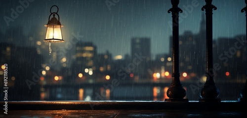 A solitary street lamp on a rainy evening, with raindrops on a windowpane in the foreground and a blurred cityscape in the background.