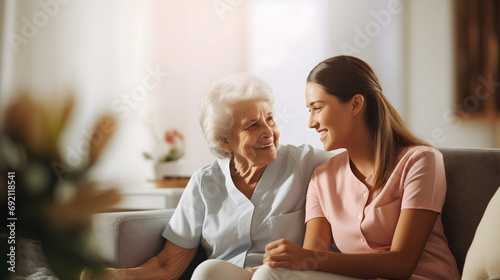 An elderly senior old woman patient with gray hair smiling and hugging a beautiful young medical nurse in light blue uniform. Female pensioner post surgery assistance, home nursing caregiver,old aged photo