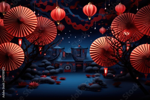 The vibrant celebration of Chinese New Year  with traditional fans and red lanterns set against a backdrop of midnight blue  highlighting the festive lights. Generative ai image