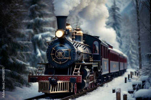 Magical winter ride A train adorned with Christmas decorations in a snowy setting