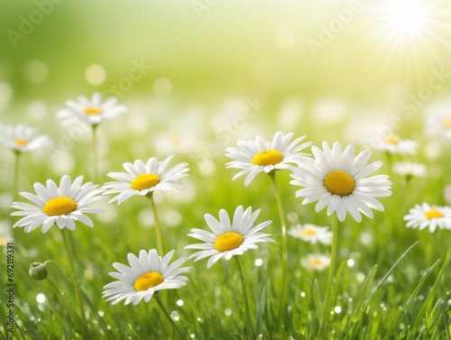 Green grass lawn with white daisy flowers spring blurred background.