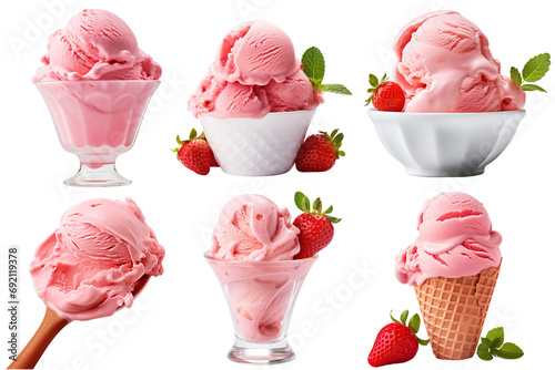 Set of Strawberry Ice Cream illustration cut out transparent isolated on white background ,PNG file photo