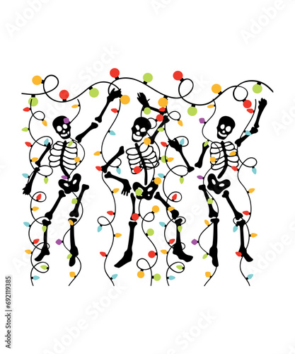 Christmas text design for T-shirts and apparel, holiday text design on plain white background for shirt, hoodie, sweatshirt, card, tag, mug, icon, logo or badge, dancing skeleton christmas lights