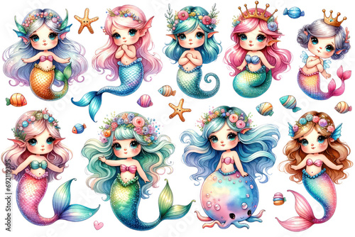 Set of Watercolor Mermaid Clipart illustration cut out transparent isolated on white background ,PNG file