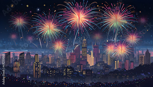 Christmas Happy new Year fireworks over the city Festival celebration template