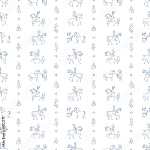 Seamless vector pattern, riders riding horses, Christmas and New Year holidays