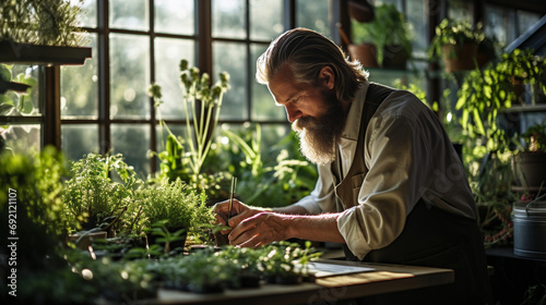A serene yet powerful photograph of a researcher contemplating results by a window, surrounded by plants, highlighting the connection between nature and scientific discovery. photo