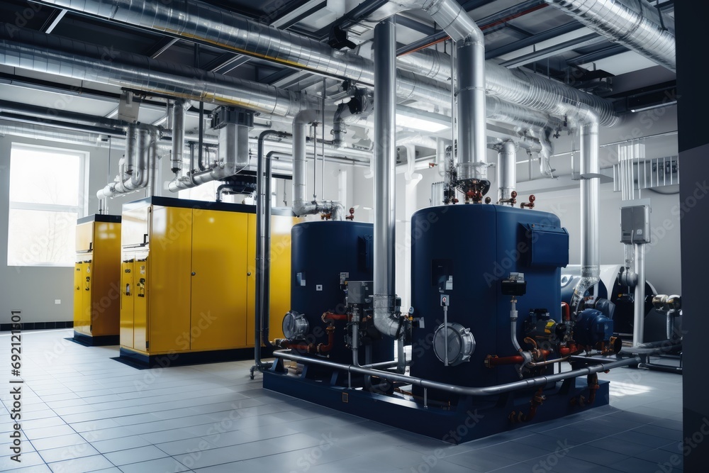 Modern boiler room with gas boilers, industrial heating.