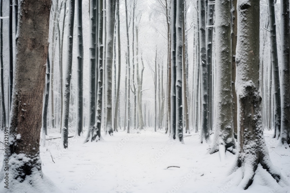 Tree trunks in dense snowy forest in winter. Tree trunks in dense snowy forest in winter.