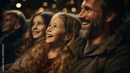 A youthful, happy couple is at the theater with their child viewing a thrilling film.