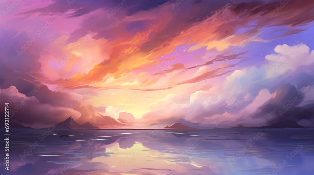 Stunning landscape backdrop with vibrant sunset hues, painted in oil with a touch of enchantment and anime-inspired whimsy.