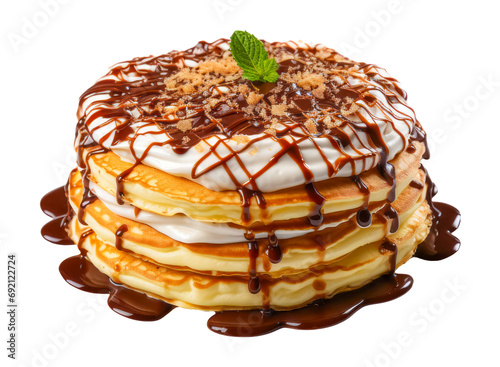 golden pancakes with cream and chocolate top view isolated on a transparent background