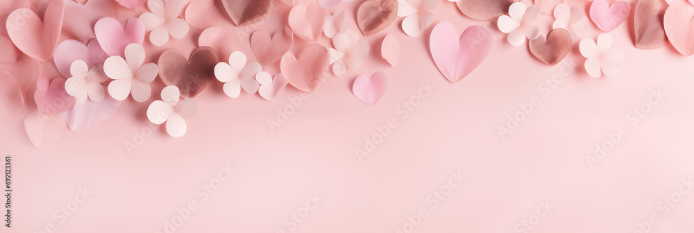 Delicate banner of hearts and flowers on pink background. Valentine's Day. Mother's Day. Panoramic web header with copy space. Wide screen wallpaper