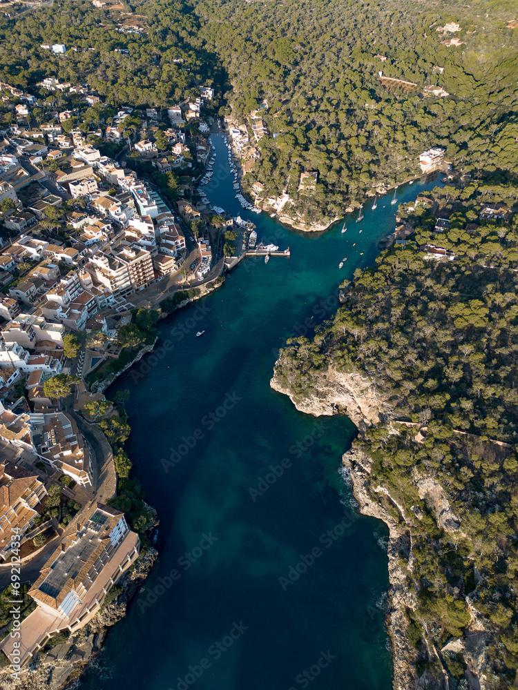 Cala Figuera aerial view, Majorca coast, Mediterranean Se