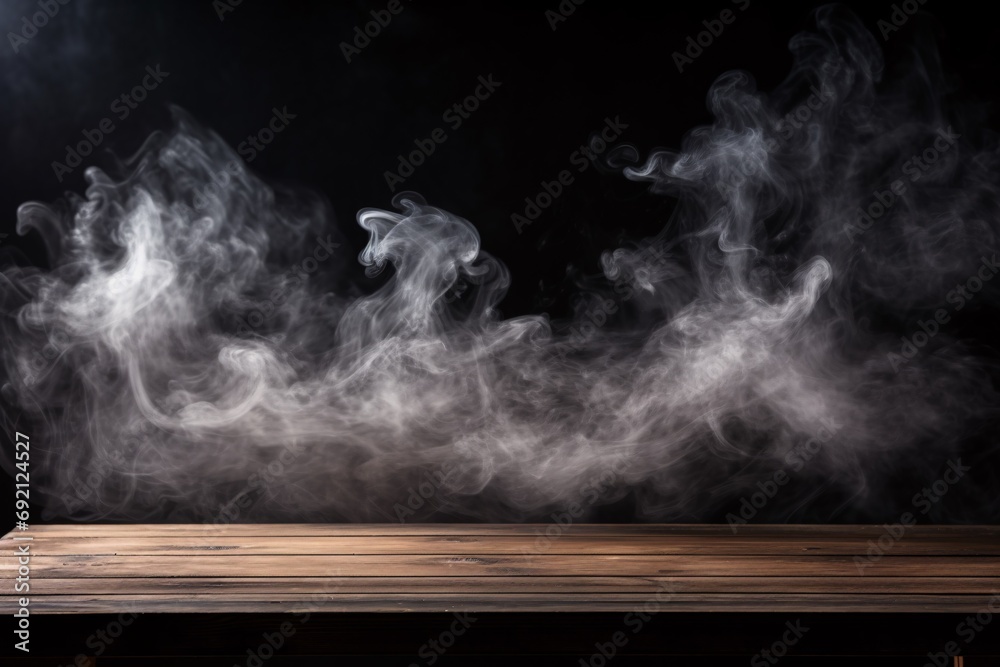 A dark background and a smoke-filled wooden table provide an open display for your merchandise.