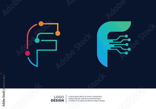 Letter F logo design collection. Abstract symbol for digital technology.