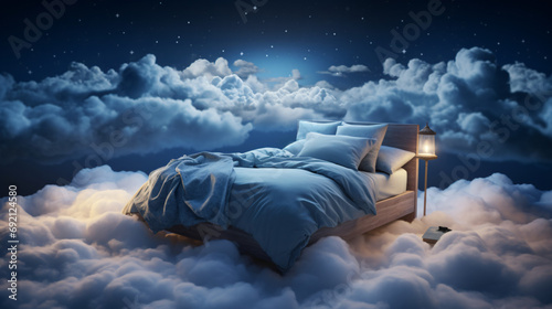 3D rendering of a cozy bed over fluffy clouds at night photo