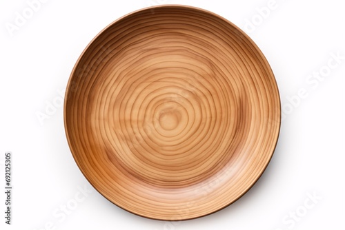 Aerial view and viewpoint of vacant wooden dish isolated on blank backdrop. photo