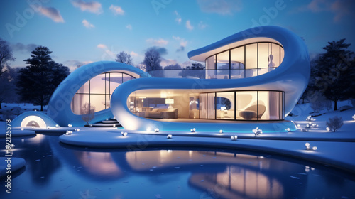 3D rendering of a cute, cozy modern house with a bionic and cozy pool
