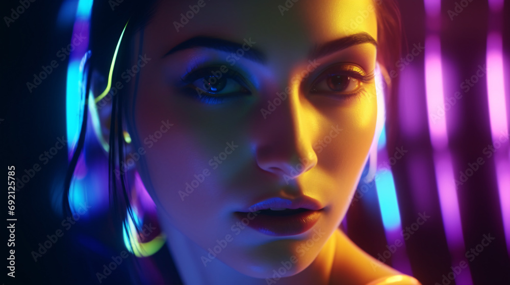 A beautiful futuristic girl is captured close-up, captivated by the glowing neon lights of the club.